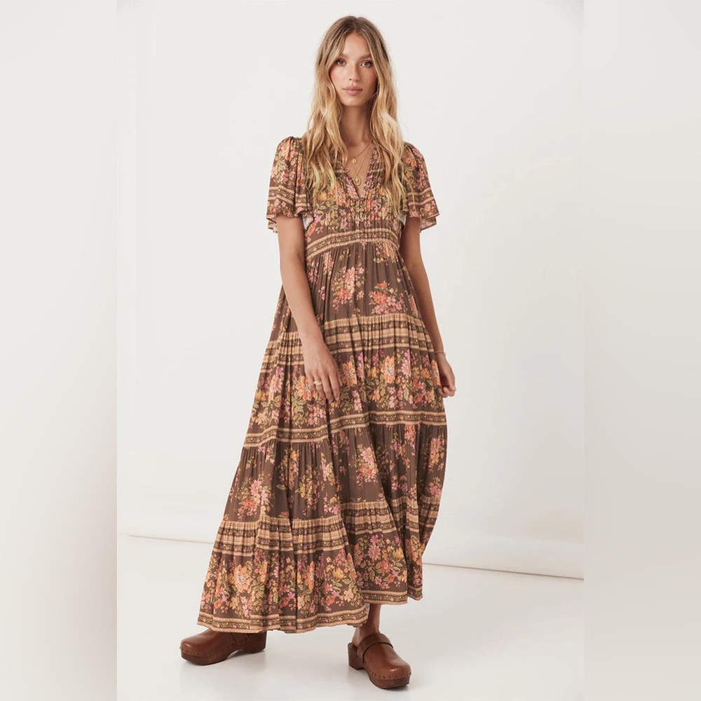 Spell meadowland flutter sleeve dress in hazelnut L